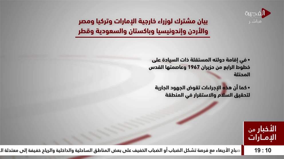 بيان مشترك لوزراء خارجية الإمارات وتركيا ومصر والأردن وإندونيسيا وباكستان والسعودية وقطر