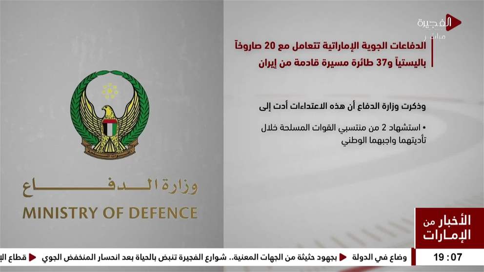 الدفاعات الجوية الإماراتية تتعامل مع 20 صاروخا باليستيا و37 طائرة مسيرة قادمة من إيران 