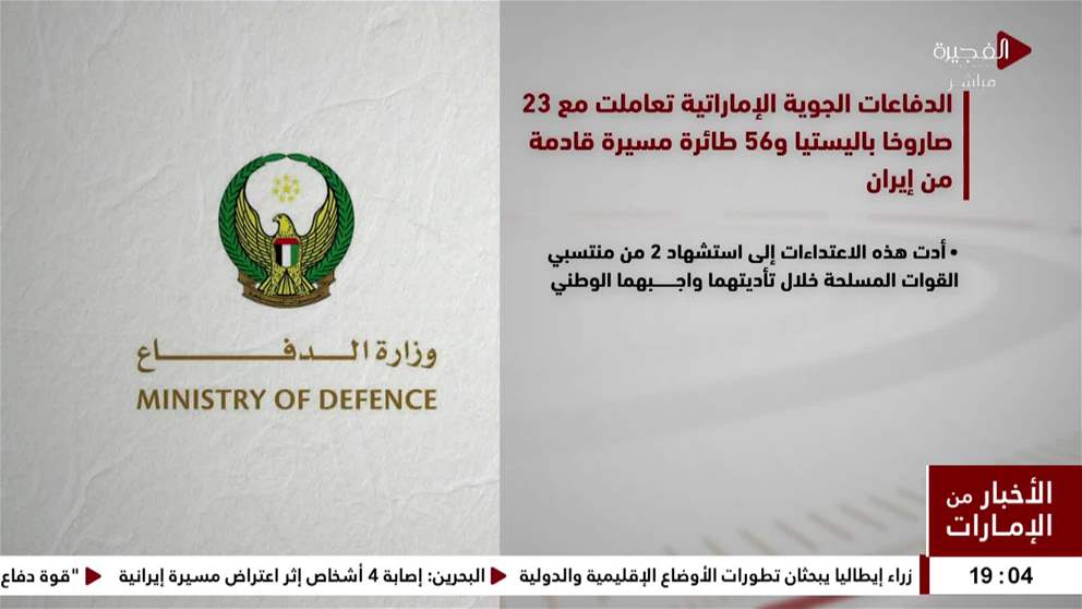 تعاملت الدفاعات الجوية الإماراتية اليوم مع 23 صاروخا باليستيا و56 طائرة مسيرة قادمة من إيران