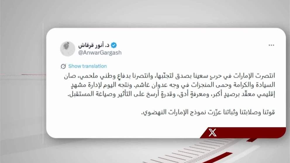 أنور قرقاش : انتصرت الامارات في حرب سعينا بصدق لتجنبها