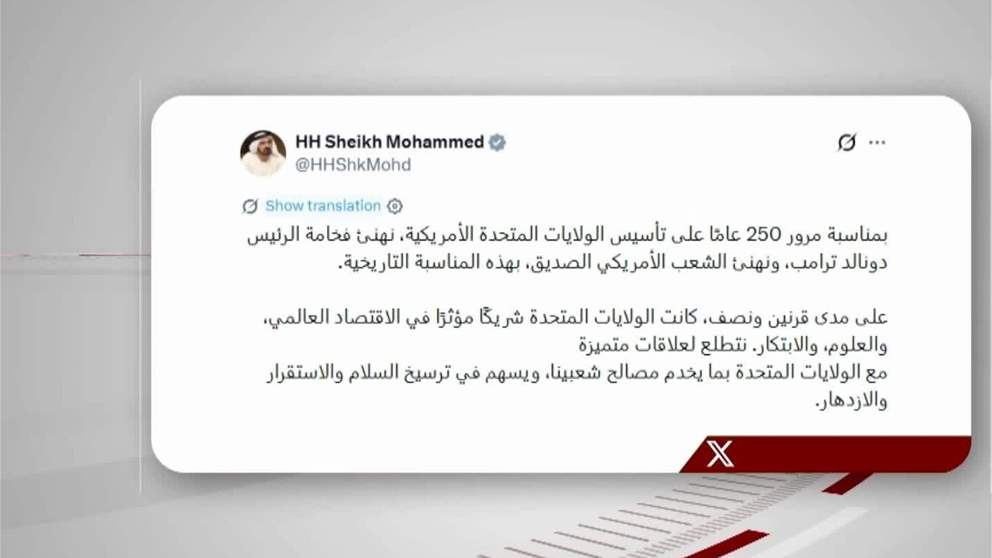 محمد بن راشد : اهنئ الرئيس الاميركي بمناسبة مرور 250 عاما على تأسيس الولايات المتحدة الاميركية